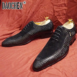 Niulatu Men Oxford Shoes Lace up Split Toe Coffee Black Formal Men Dress Shoes Suede Patchwork Crocodile prints Leather Shoes Men DJSE