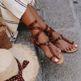 Niulatu Women's Summer Sandals Fashion Solid Color Sexy Women's Shoes Buckle Retro Flat Lace-up Women's Shoes Casual Beach Sandals DJSE