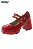 Niulatu High Heels Platform Pumps Women's Square Toe Thick Heels Mary Janes Woman Patent Leather High Heels Shoes Party Shoes DJSE