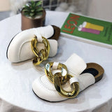 Niulatu Women Slipper Women's Sandals New Design Gold Chain Closed Toe Slip On Mules Shoes Flat Heel Square Head Casual Slides Flip Flop DJSE