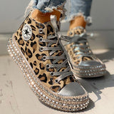 Niulatu Woman Spring Leopard Print Canvas Fashion Sneakers Rhinestone Sequin Flat Wild Women's Shoes Youth Casual Shoes Plus Size DJSE
