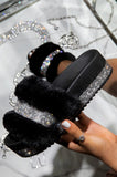 Niulatu Women Fur Rhinestone Slippers Platform Wedges Heel Solid Fluffy Furry Slides Outside Sexy Shoes Ladies Whosale DJSE