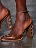 Niulatu Personality Hollow Wood Grain High-Heel Leather Sandals Retro Special-Shaped Heel Hollow Toe Cap Fashion Shoes DJSE