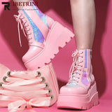 Niulatu Womens Fashion Hot Sale Short Ankle Pink Boots Sweet Cute Platform Wedges Goth Boots Zipper Lace Up Shoes Woman Brand New Casual DJSE