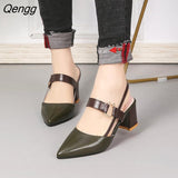 Niulatu Sandals Women's Pointy Chunky High Heel 6CM Casual Shoes PU Buckle Strap White Zapatos De Mujer Tendencia Plus Size DJSE