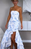 Niulatu Mermaid Strapless Blue Print Floral Ruffle Chiffon Prom Dress HZ0113