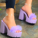 Niulatu Furry Sandals Fashion Shoes Ladies Banquet Women's High Heel Fur Platform Summer Outdoor Party Buckle Slippers Spring DJSE