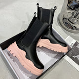 Niulatu Newest Genuine Leather Boots Women Stretch Platform Chelsea Thick Sole Female Shoes Mid Calf Square Toe Botas DJSE