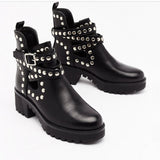 Niulatu Boots Ladies Leather Ankle Boots Spring Autumn Thick Sole Biker Shoes Ladies Punk Pearl Rivet Shoes Large Size DJSE