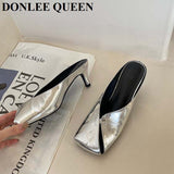 Niulatu Arrival Gold Outer Wear Slippers Women Fashion Slip On Square Toe Stiletto Mules Comfortable Heel Slide For Party Shoes DJSE