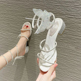 Niulatu Summer New Style Women's Sandals Sexy Luxury Rhinestone Bow Chunky Heel Sandals Banquet Shoes DJSE