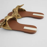 Niulatu Slip On Bowknot Women Pleated Sandals Slides Summer Flat Low Heel Casual Slip On Gold Leisure Open Toe Shoes Size 43 DJSE