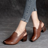 Niulatu High Heel Sandals Women Retro Genuine PU Leather Slingback Comfortable Fish Mouth Pumps Banquet Shoe Handmade Shoe DJSE