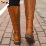 Niulatu Women's Knee High Boots Fashion Low Heels Square Platform Long Boots Brown Black Leather PU Zip Winter Woman Warm Shoes Booties DJSE
