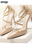 Niulatu with Thin 10CM Heel High Heel Shallow Pointed Head Rivet Hollow Word Belt PUMPS Simple Women's Shoes DJSE