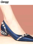 Niulatu Women's Autumn Shallow Leather Shoes All-match Low Heel Crystal Elegant Flower Shoes Soft Ladies's Party Blue Black Work Shoes DJSE