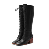 Niulatu Winter Knee High Boots Women Natural Genuine Leather Chunky High Heel Tall Boots Zipper Round Toe Shoes Lady Size DJSE
