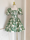 Niulatu A line Short Sleeves Satin Green Floral Cocktail Dress Short Birthday Outfits SD400