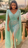 Niulatu Sequin Evening Dress Mermaid Party Dress with Cape Sexy High Slit A-Line Elegant Luxury Dresses HZ1007