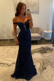 Sexy Navy Blue Mermaid Lace Appliques Prom Dresses Long for Women Prom Dress HZ1214