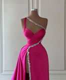 Niulatu One Shoulder Satin Beaded Long Prom Dress Slit Evening Dress HZ1007