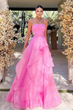 Strapless Pink Tulle Ruffle A-line Formal HZ0308