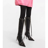 Niulatu Luxury Pointed Toe Stiletto Women's Shoes Retro Metal Buckle Zipper Knee High Boots Slim Tassel Boots Women Size 43 DJSE