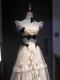 Niulatu Ball Gown Square Neckline Floral Ivory Lace Party Dresses Birthday Outfits With Black Bowknots SD450