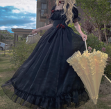 Niulatu A Line Square Neckline Short Sleeves Black Chiffon Long Party Dresses Birthday Dress SD584