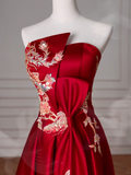 Niulatu Red Satin Sequin Embroidery A Line Prom Dress Strapless Evening Dress HZ1007