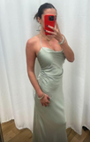 Niulatu Green Halter-Neck Satin Evening Dress Sheath Long Prom Dress HZ1007