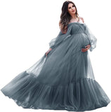 Niulatu Sleeve Maternity Dress Tulle Robe for Photoshoot Off Shoulder Pregnancy Baby Shower HZ1007