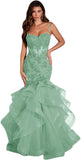 Niulatu Women's Lace Applique Tulle Prom Dresses Long Mermaid Ruffles Sparkly Formal Evening Party HZ1007