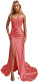 Niulatu Women's Satin Lace Mermaid Prom Dresses Long with Slit 2025 Strapless Formal Evening Party HZ1007