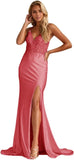 Niulatu Women's Lace Applique Mermaid Prom Dresses Long with Slit Stretchy Satin V Neck Formal Evening HZ1007
