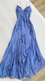 Niulatu Spaghetti Straps Blue Chiffon Long Prom Dress Party Evening Dress HZ1007