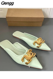 Niulatu Women's Pointed Toe Slippers Flat Heel Metal Trim Indoor Sandals Summer Outdoor Flip-Flops Metal Chain Dress Shoes DJSE