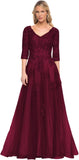 Niulatu Women's V-Neck 3/4 Sleeve Mother of The Bride Dress A-line Tulle Lace Appliques Long Formal Party Dress HZ1007