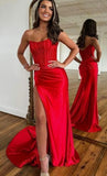Niulatu Women's Satin Lace Mermaid Prom Dresses Long with Slit 2025 Strapless Formal Evening Party HZ1007