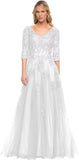 Niulatu Women's V-Neck 3/4 Sleeve Mother of The Bride Dress A-line Tulle Lace Appliques Long Formal Party Dress HZ1007