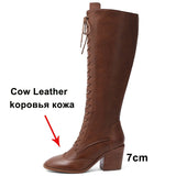 Niulatu Winter Knee High Boots Women Natural Genuine Leather Chunky High Heel Tall Boots Zipper Round Toe Shoes Lady Size DJSE