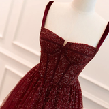 Niulatu Burgundy Spaghetti Straps Sequins Beaded Formal Prom Dress Tulle Party Evening Dress HZ1007