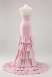 Blush Mermaid Strapless Corset Tiered Long Prom Dress with Slit Graduation Dresses HZ1214