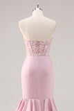 Blush Mermaid Strapless Corset Tiered Long Prom Dress with Slit Graduation Dresses HZ1214