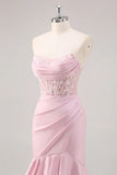 Blush Mermaid Strapless Corset Tiered Long Prom Dress with Slit Graduation Dresses HZ1214