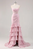 Blush Mermaid Strapless Corset Tiered Long Prom Dress with Slit Graduation Dresses HZ1214