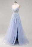 Pretty A Line Spaghetti Straps Tulle Beaded Long Prom Dress with Slit Graduation Dresses HZ1214