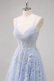 Pretty A Line Spaghetti Straps Tulle Beaded Long Prom Dress with Slit Graduation Dresses HZ1214