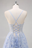 Pretty A Line Spaghetti Straps Tulle Beaded Long Prom Dress with Slit Graduation Dresses HZ1214
