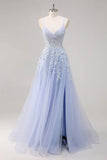 Pretty A Line Spaghetti Straps Tulle Beaded Long Prom Dress with Slit Graduation Dresses HZ1214